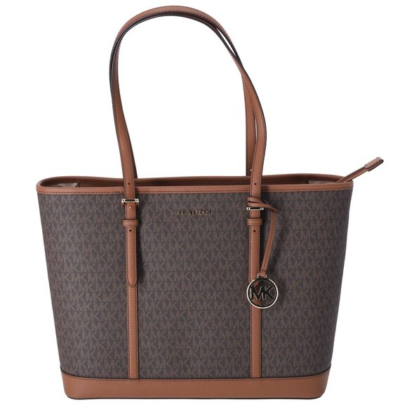 Michael Kors Jet Set Travel Large Shoulder Tote Handbag Bag Zip Brown Signature - Picture 1 of 6